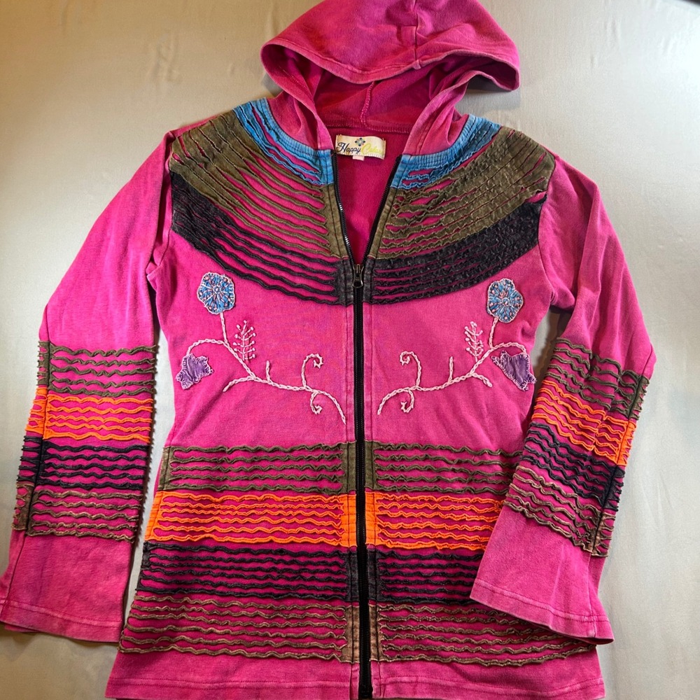 Happy Colors Pink Boho Embroidered Zip Up Hoodie Womens Sm? Cotton Nepal